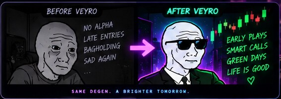 Before Veyro: no alpha, late entries, bagholding, sad again. After Veyro: early plays, smart calls, green days, life is good. Same degen, a brighter tomorrow.
